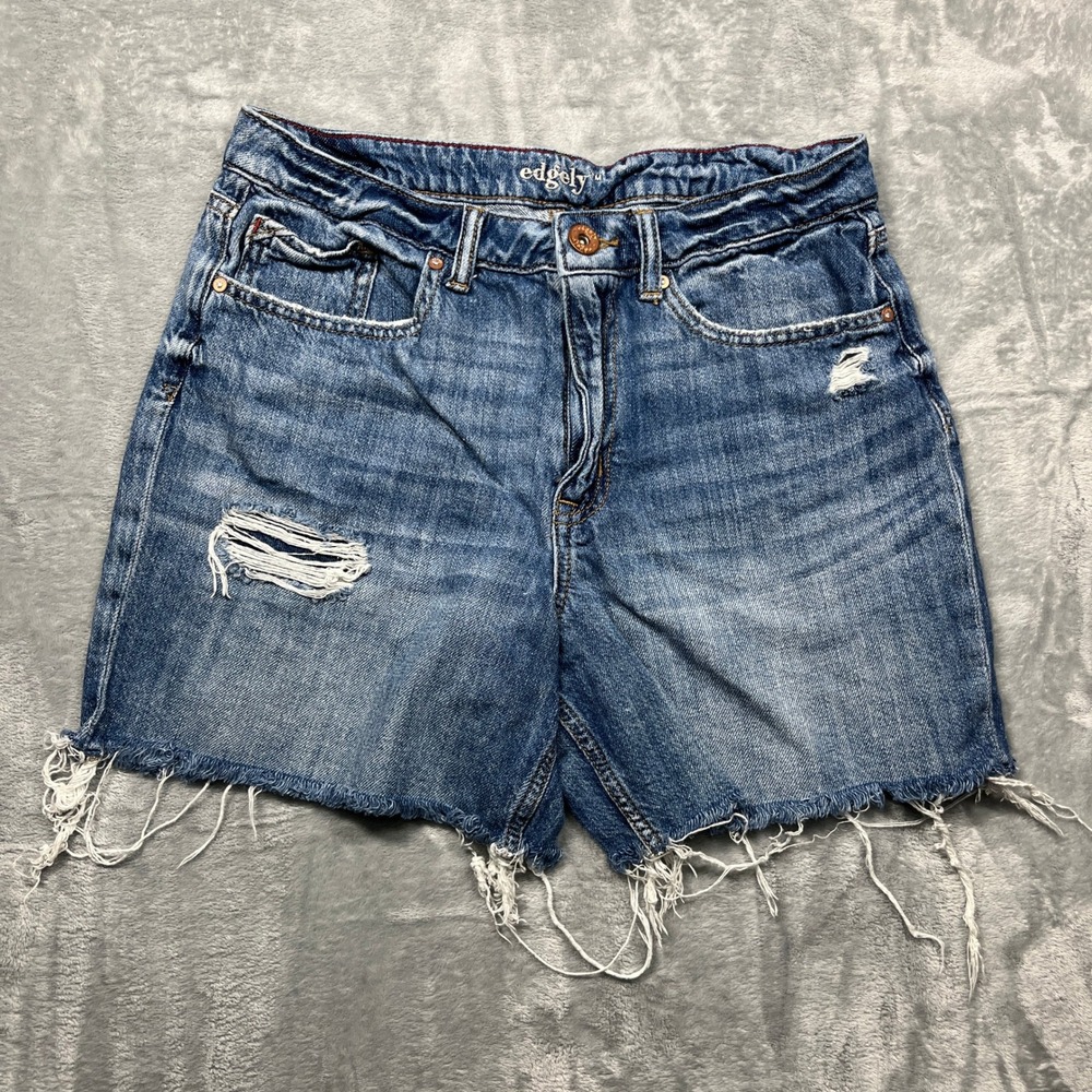 Edgely Denim Shorts Womens Blue High Rise Distressed Frayed Raw Hem 12